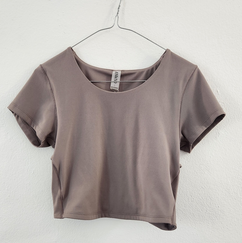 Women’s Gray Short Sleeve Top Open Back  Size Large Casual Stretch Tee - Picture 5 of 10